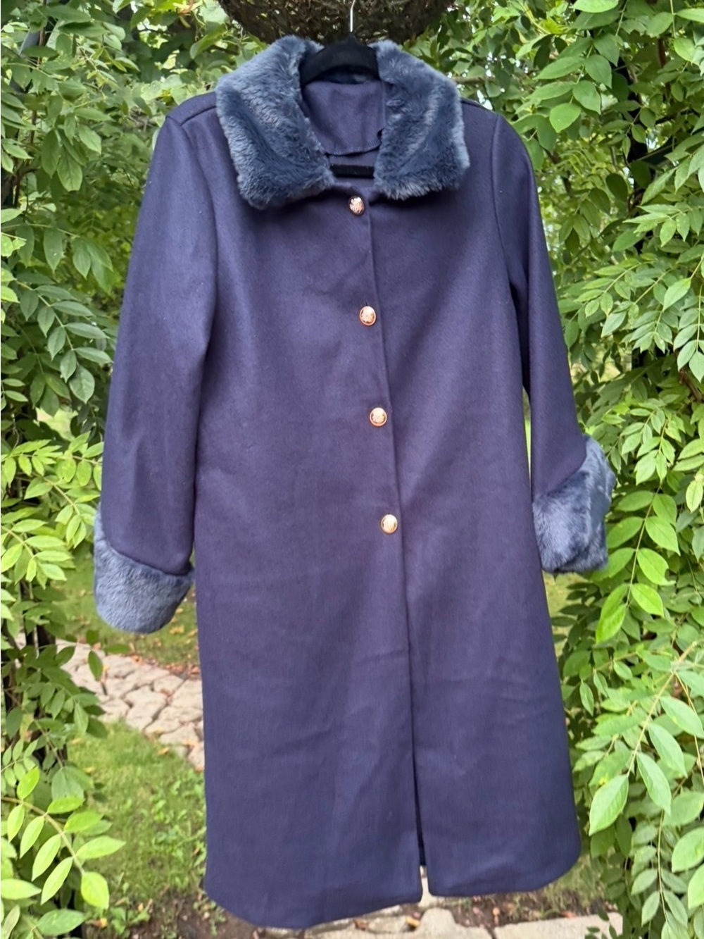 Women's NavyTrench Coat with Faux-Fur Trim